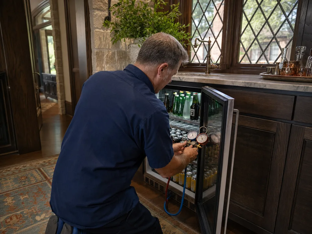 Technician repairing a built-in beverage center in a Dallas kitchen