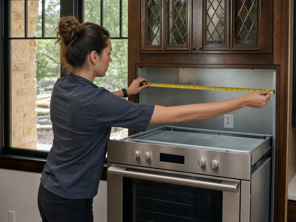 Measuring the opening during an appliance repair visit in Dallas, Texas