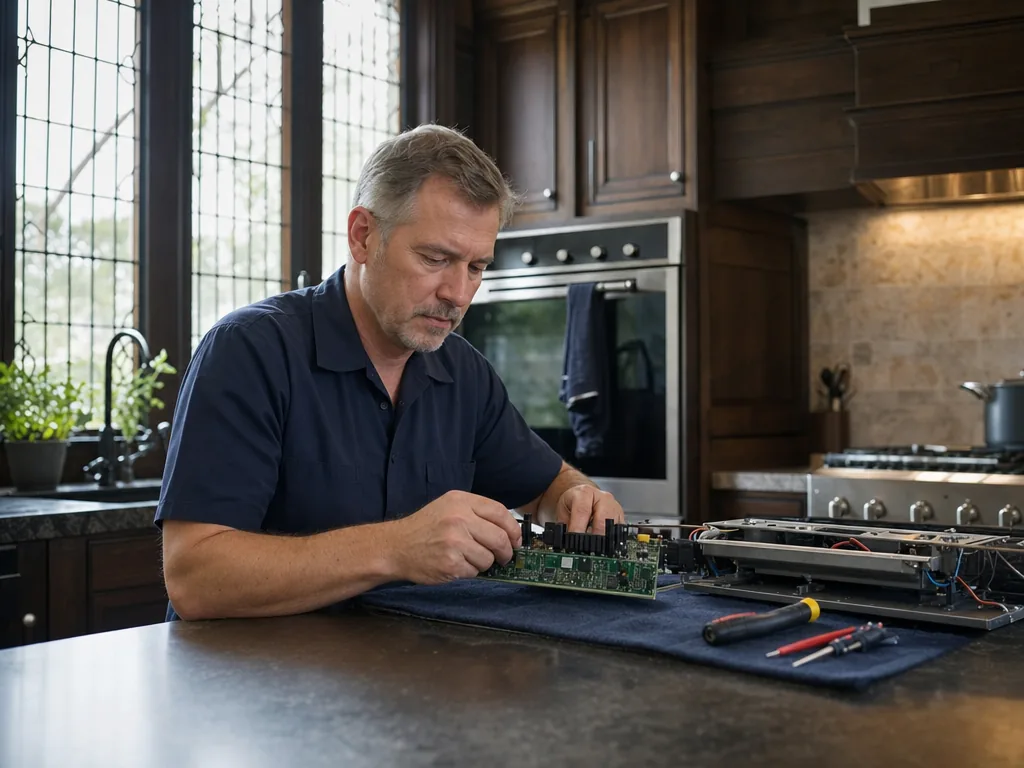 Control board inspection during an appliance repair visit in Dallas, Texas