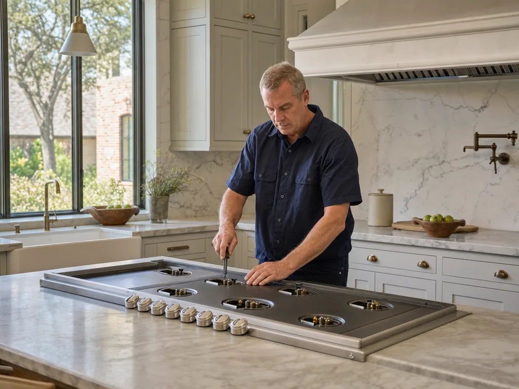 Technician repairing a built-in cooktop in a Dallas kitchen