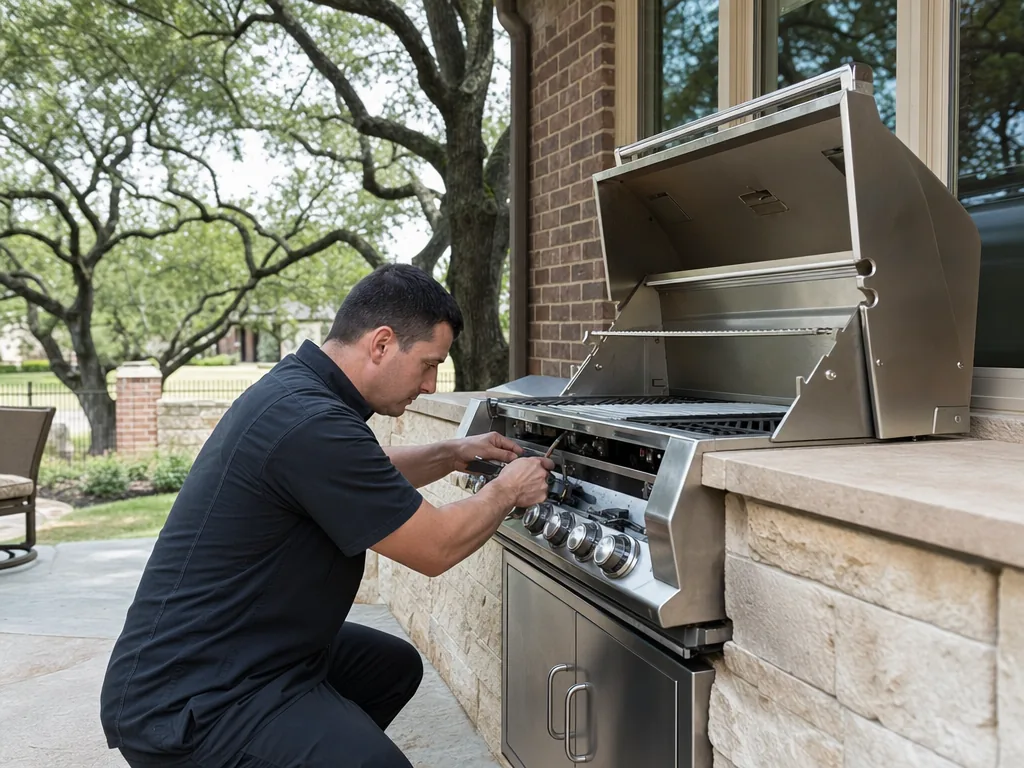 Technician servicing a DCS built-in appliance in a Dallas home