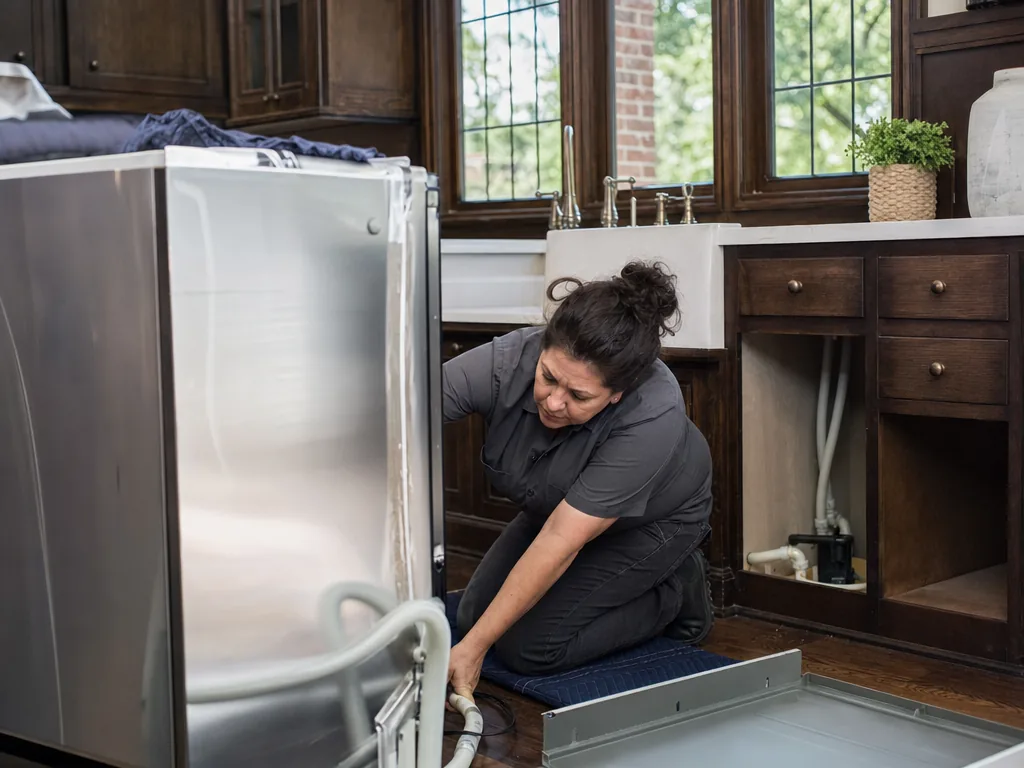 Dishwasher drainage service during an appliance repair visit in Dallas, Texas
