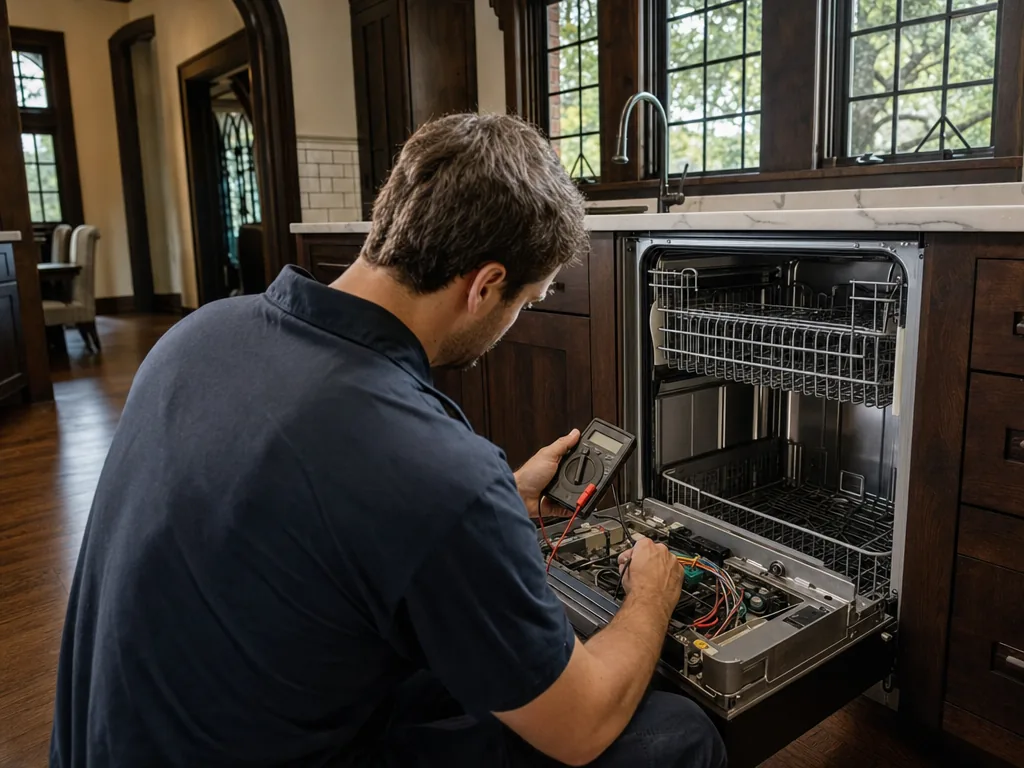 Technician repairing a built-in dishwasher in a Dallas kitchen
