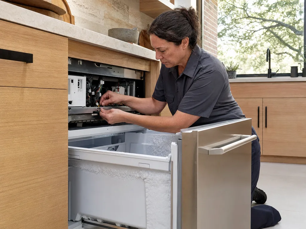 Technician repairing a built-in freezer in a Dallas kitchen