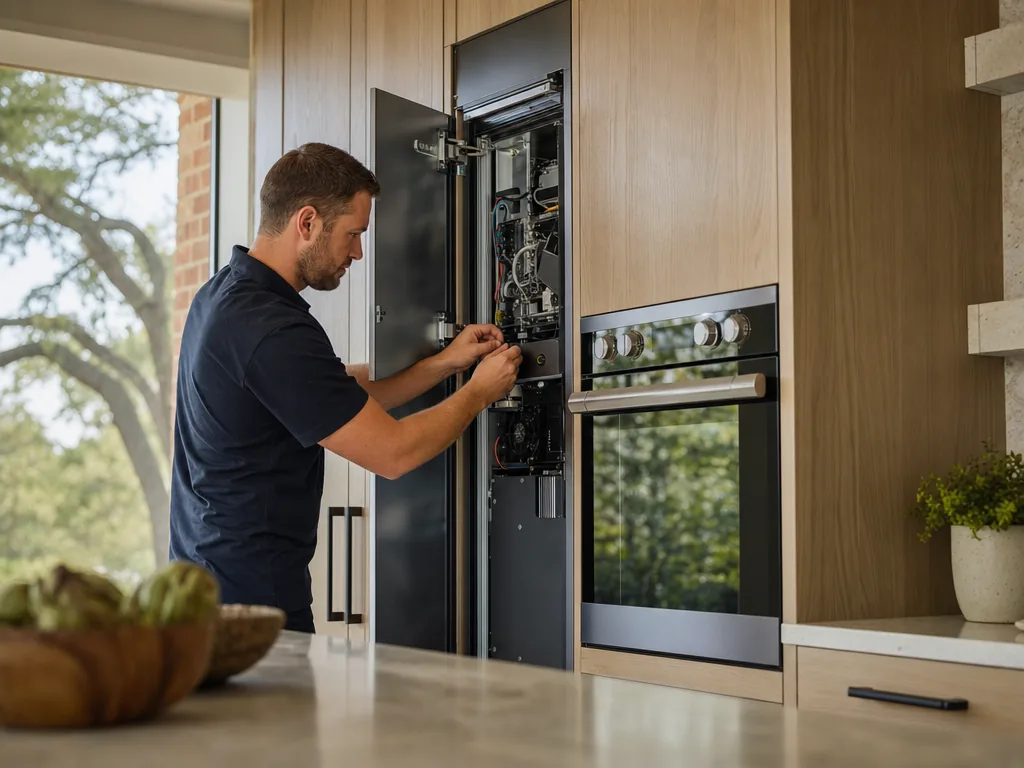Technician servicing a GE Monogram built-in appliance in a Dallas home