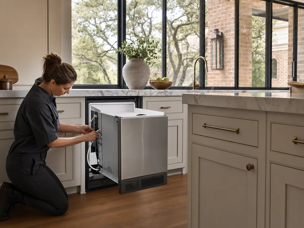 Technician repairing a built-in ice maker in a Dallas kitchen