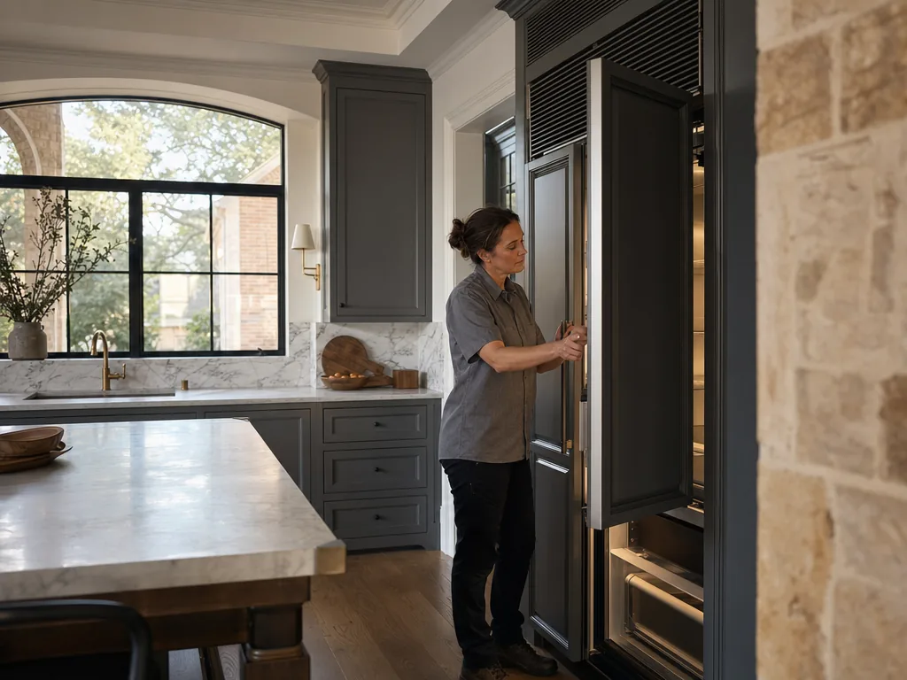 Technician servicing a JennAir built-in appliance in a Dallas home