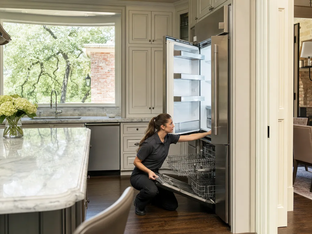Technician servicing a KitchenAid built-in appliance in a Dallas home