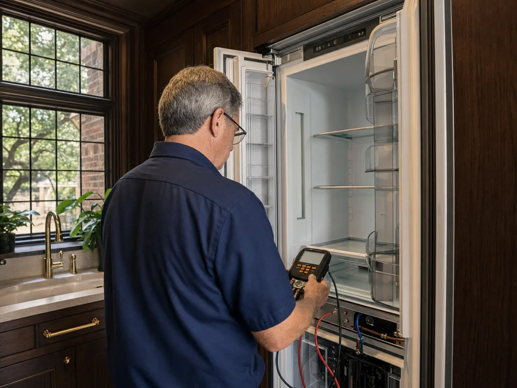 Technician servicing a Liebherr built-in appliance in a Dallas home