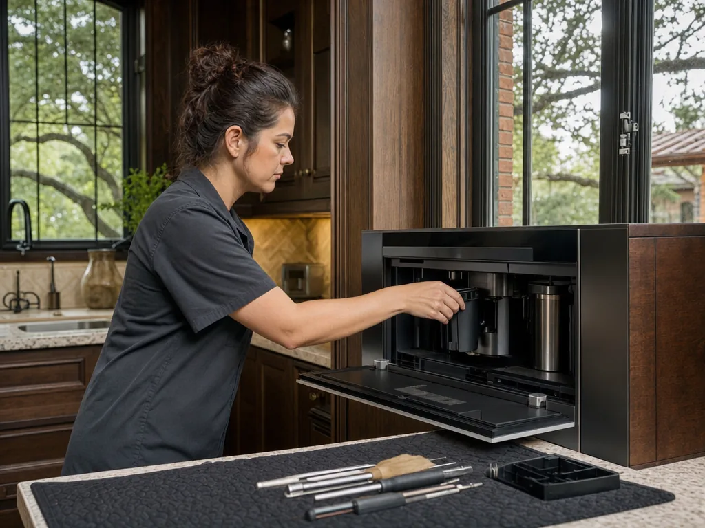 Built-in coffee system opened for repair in a Dallas kitchen