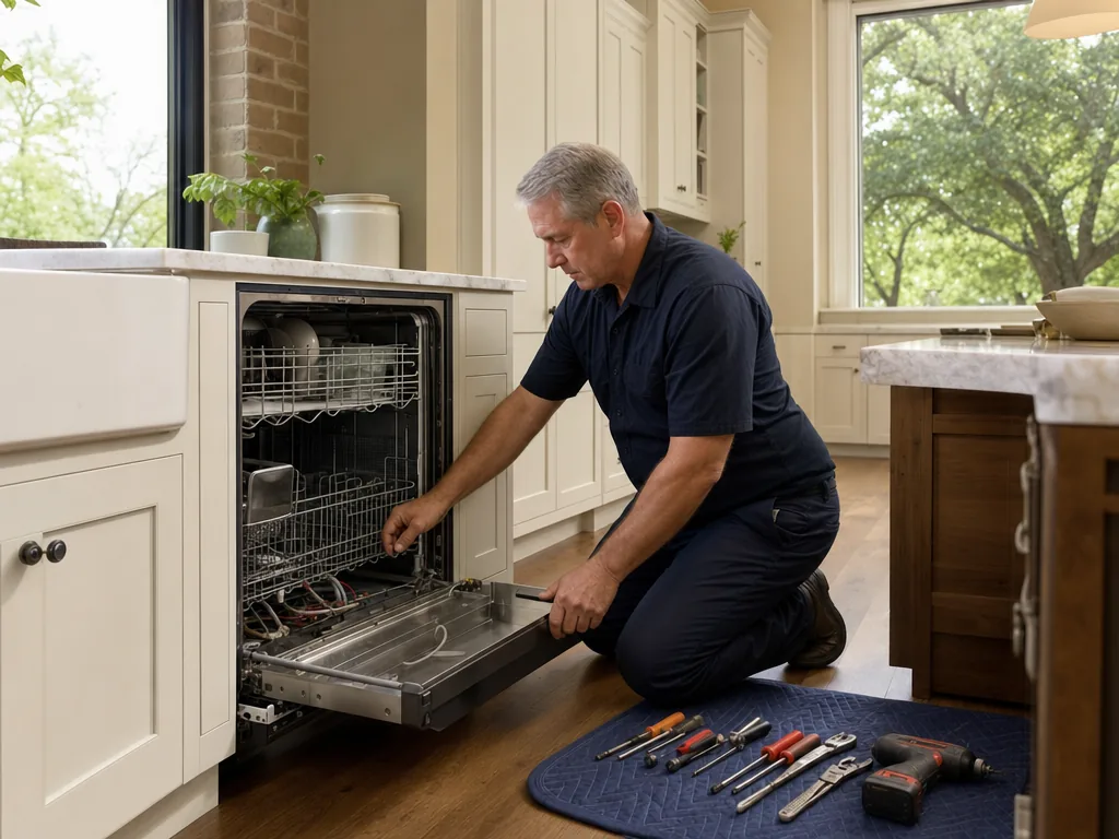 Built-in dishwasher opened for repair in a Dallas kitchen