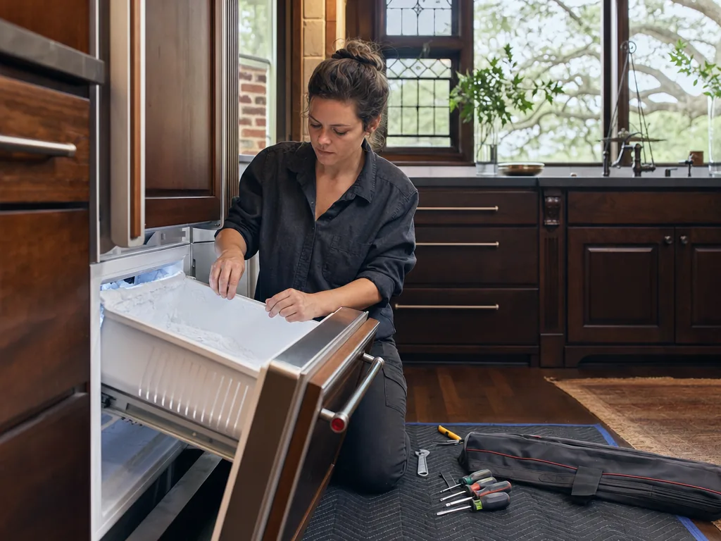 Built-in freezer opened for repair in a Dallas kitchen