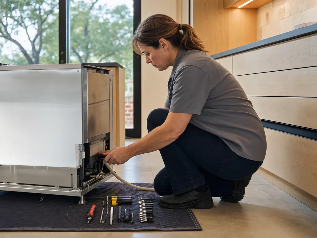 Built-in ice maker opened for repair in a Dallas kitchen