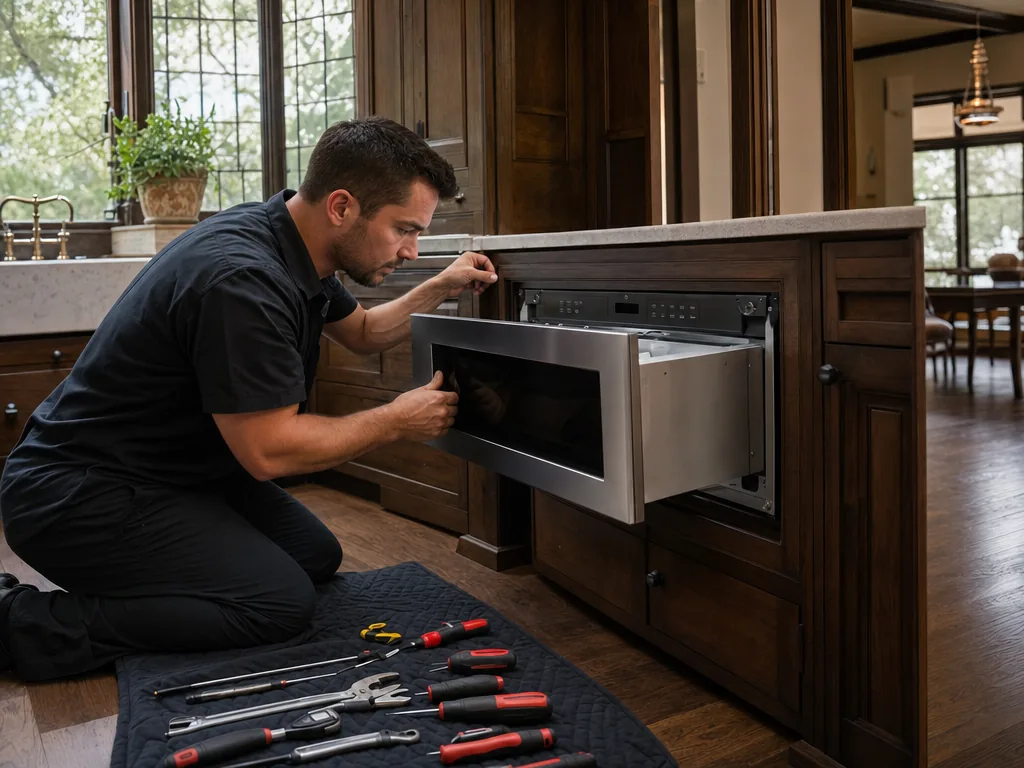 Built-in microwave opened for repair in a Dallas kitchen