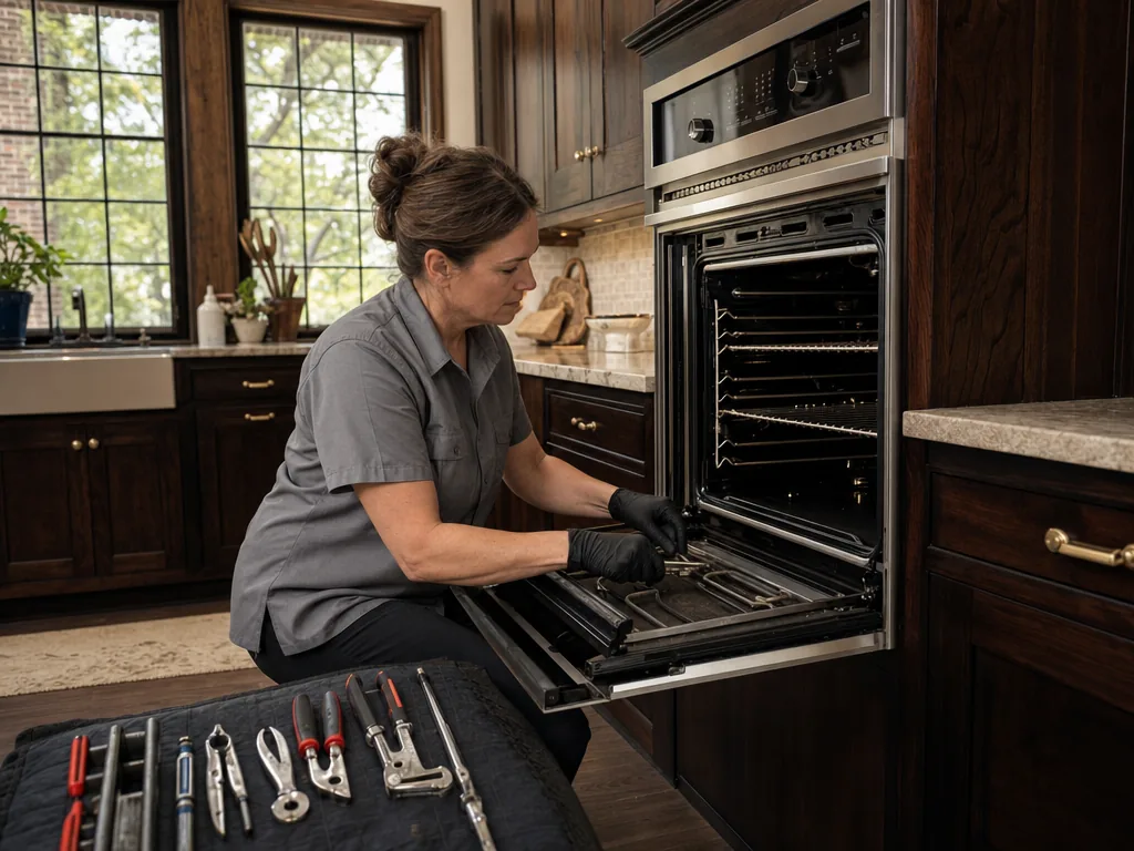 Built-in oven opened for repair in a Dallas kitchen