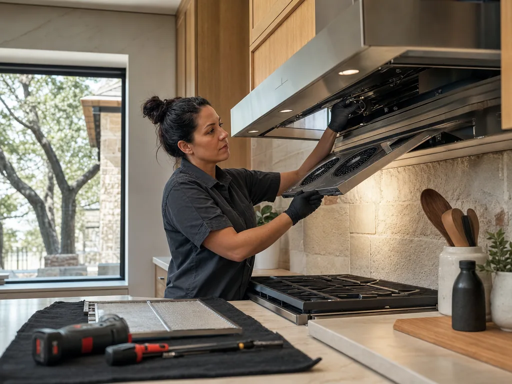 Built-in range hood opened for repair in a Dallas kitchen