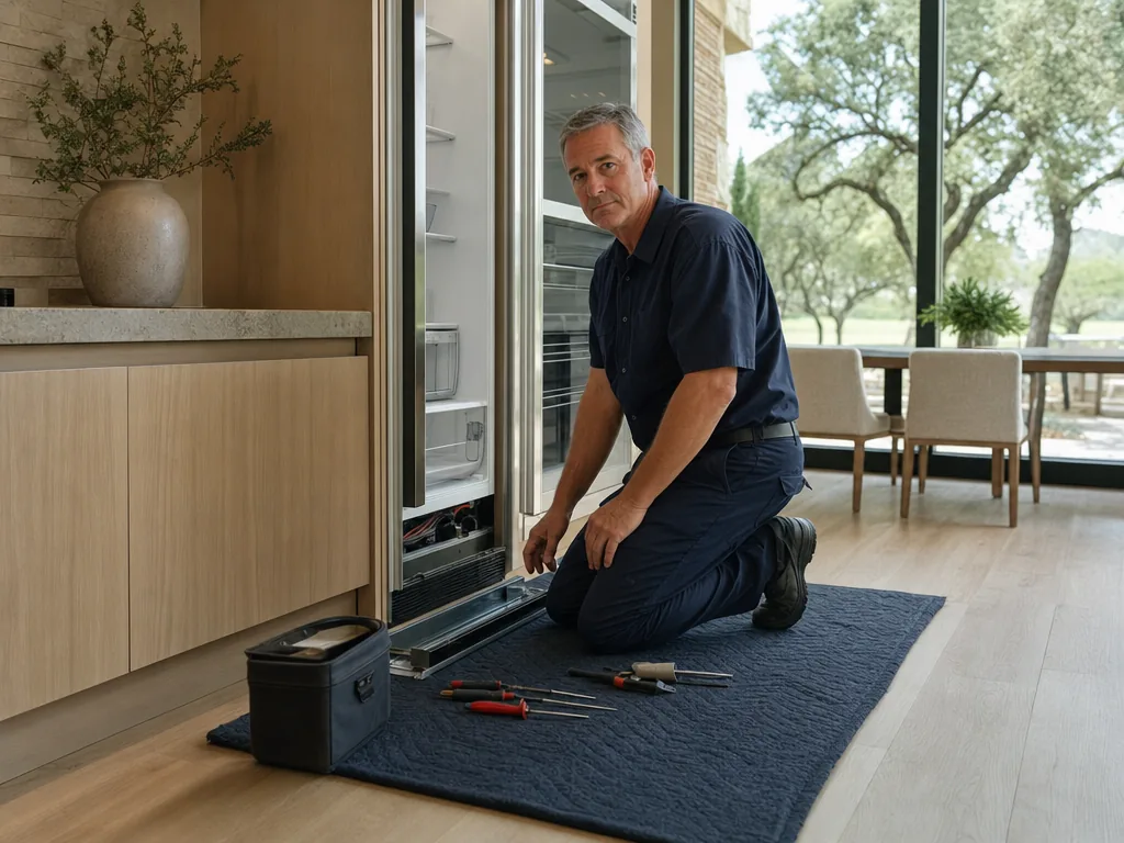 Built-in refrigerator opened for repair in a Dallas kitchen