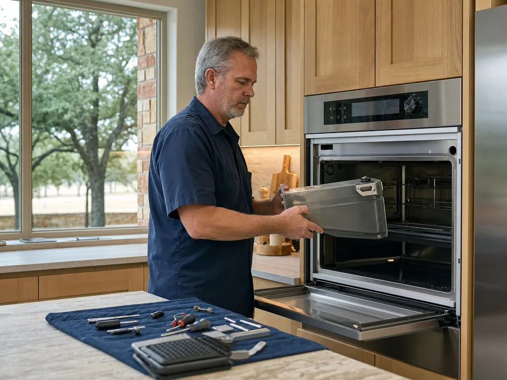 Built-in steam oven opened for repair in a Dallas kitchen