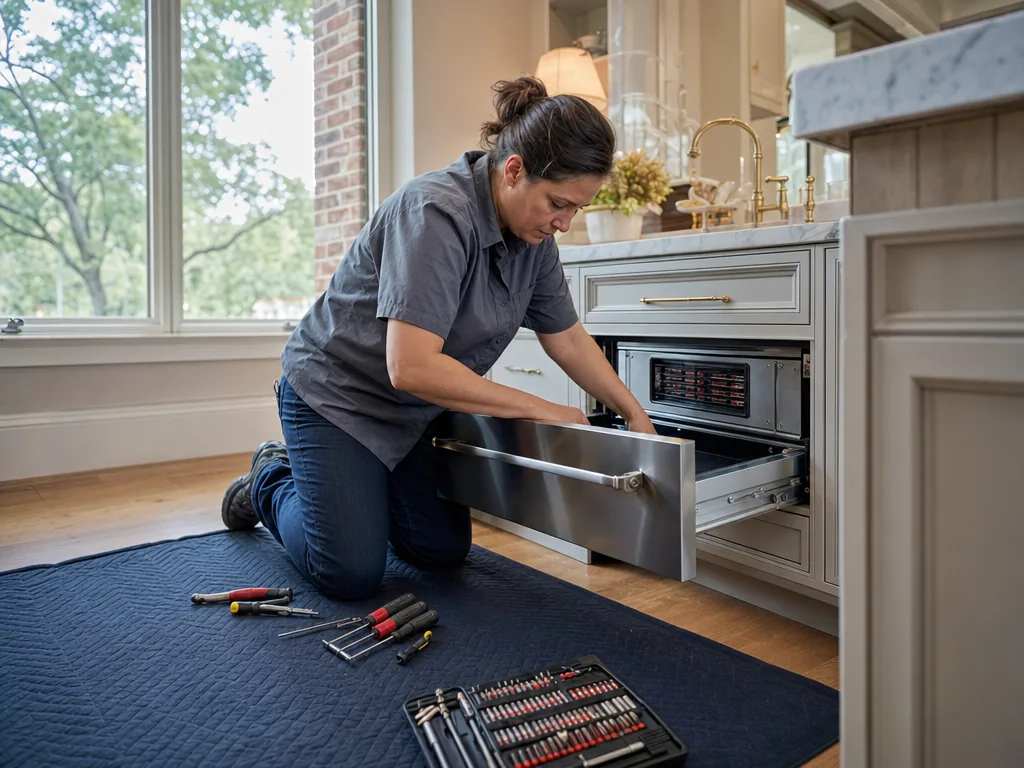 Built-in warming drawer opened for repair in a Dallas kitchen