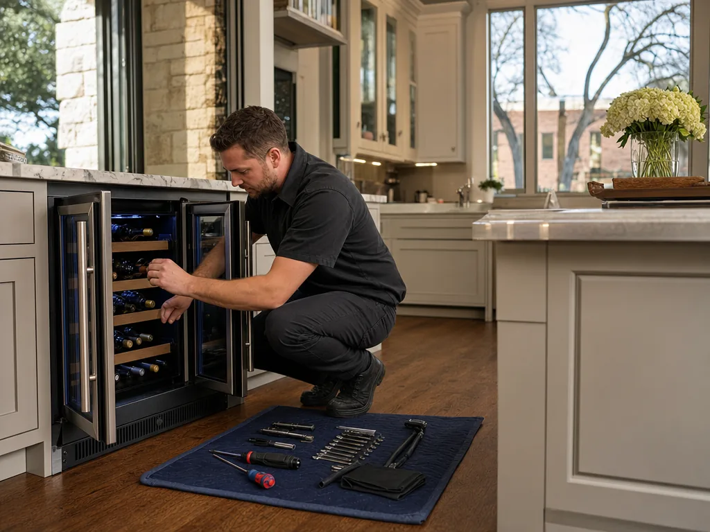 Built-in wine cooler opened for repair in a Dallas kitchen