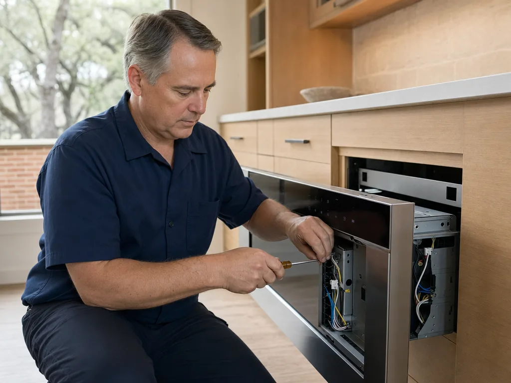 Technician repairing a built-in microwave in a Dallas kitchen
