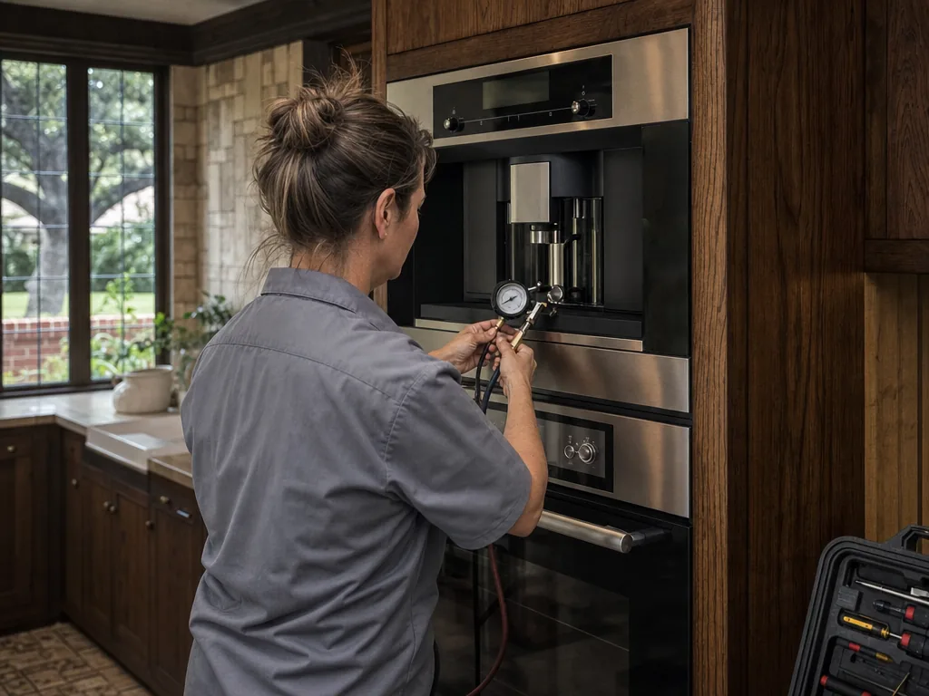 Technician servicing a Miele built-in appliance in a Dallas home