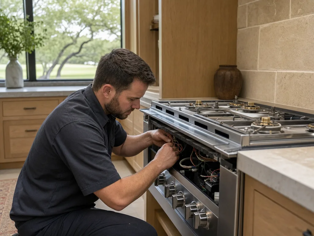 Technician repairing a built-in range in a Dallas kitchen