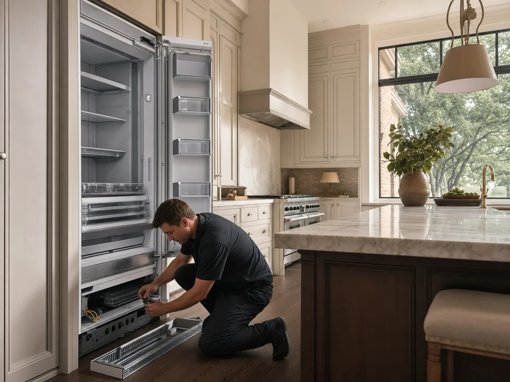 Technician repairing a built-in refrigerator in a Dallas kitchen