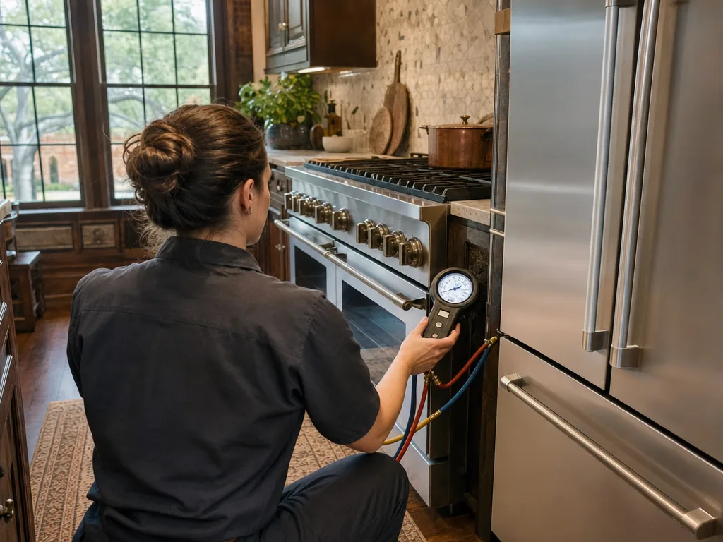 Technician servicing a Samsung built-in appliance in a Dallas home