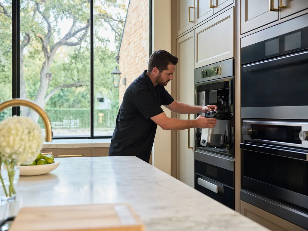 Technician repairing a built-in steam oven in a Dallas kitchen