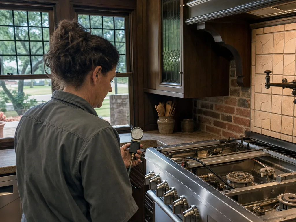 Technician repairing a built-in stove in a Dallas kitchen