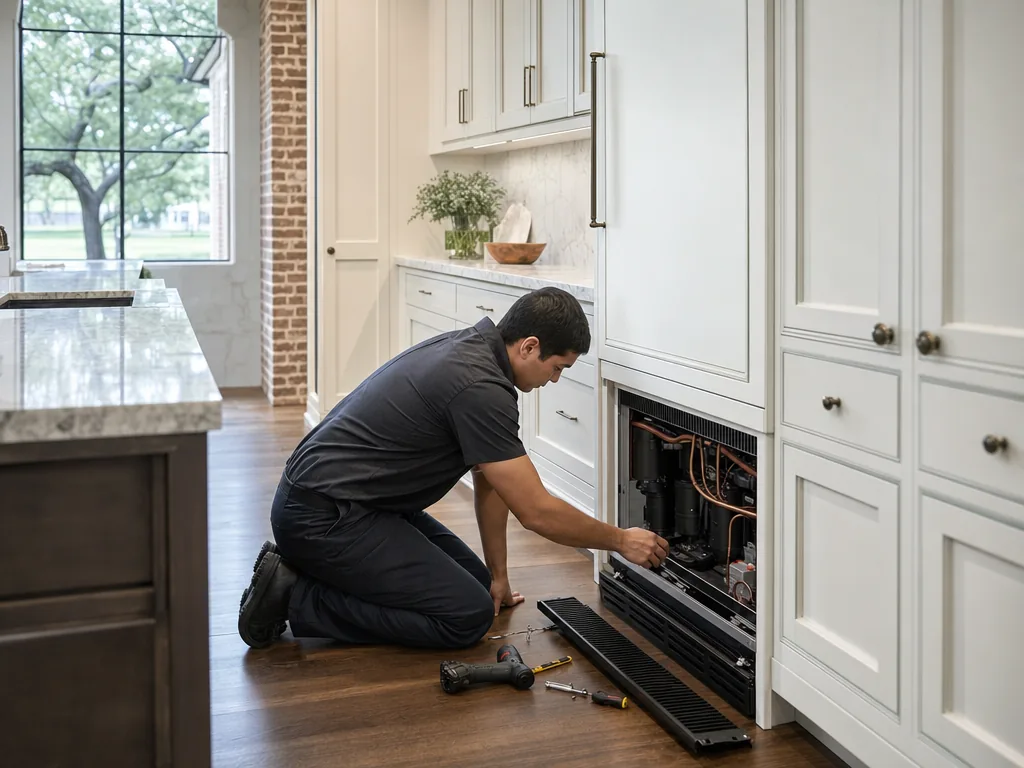 Technician servicing a built-in Sub-Zero refrigerator in a Dallas kitchen