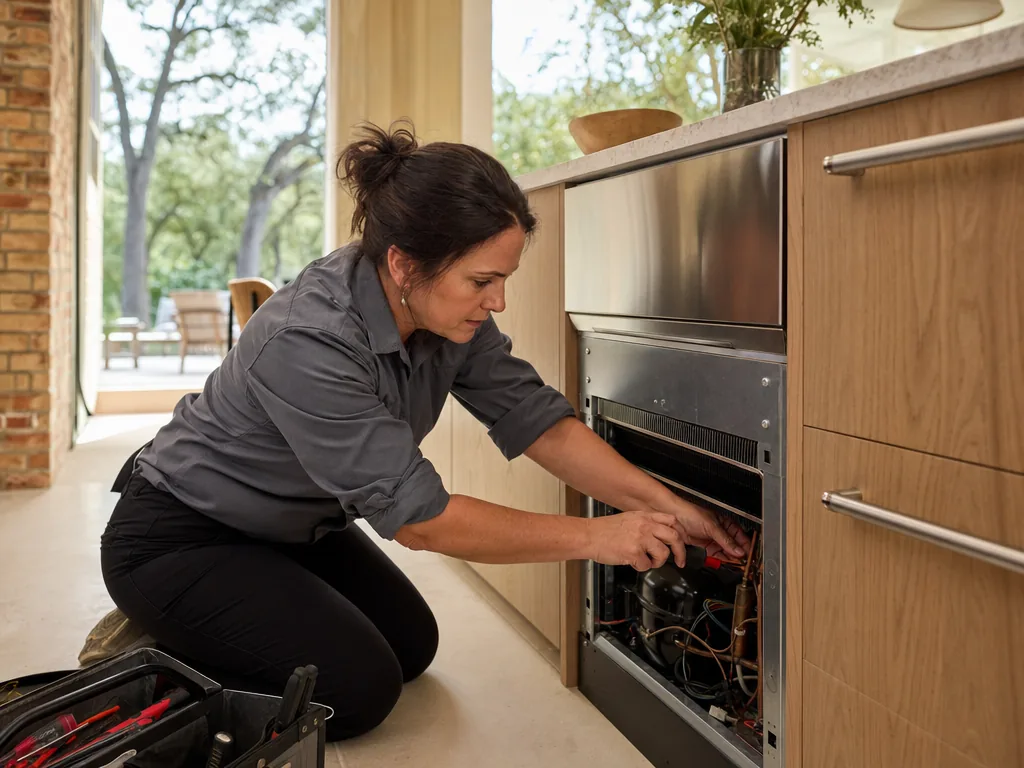 Technician servicing a U-Line built-in appliance in a Dallas home