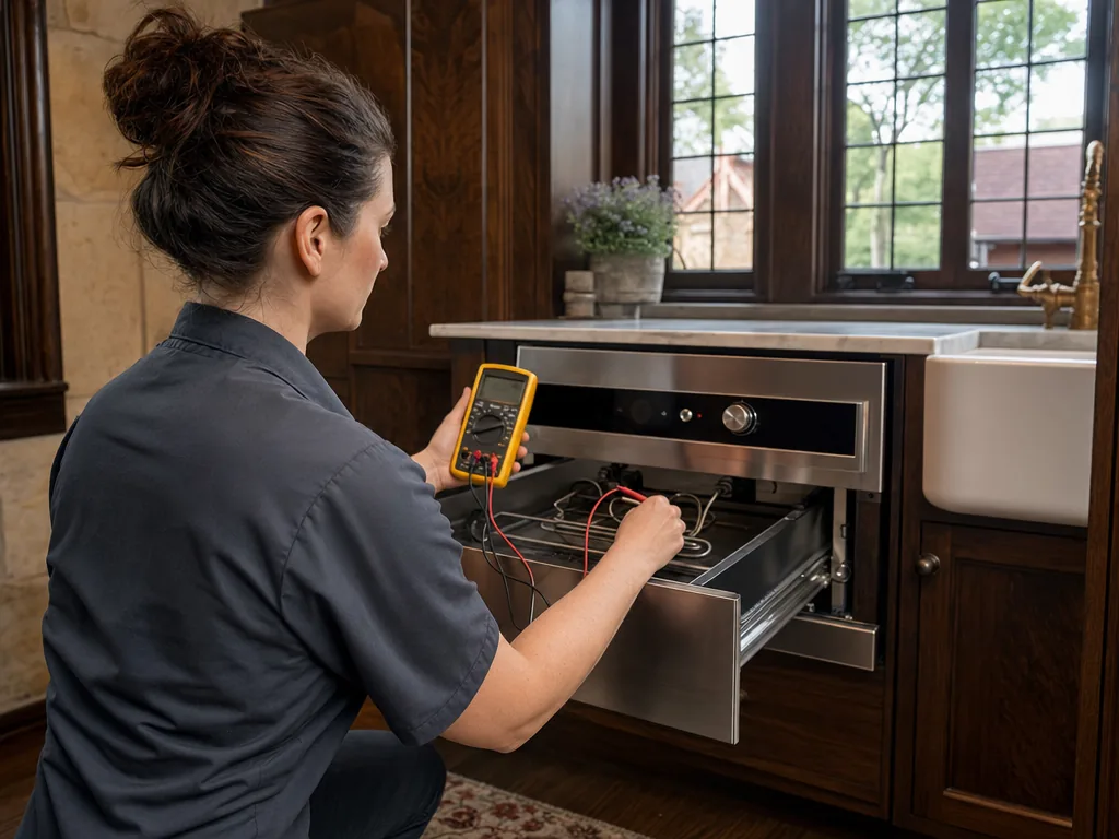 Technician repairing a built-in warming drawer in a Dallas kitchen