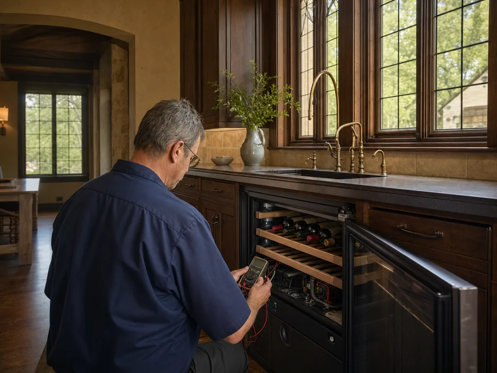 Technician repairing a built-in wine cooler in a Dallas kitchen