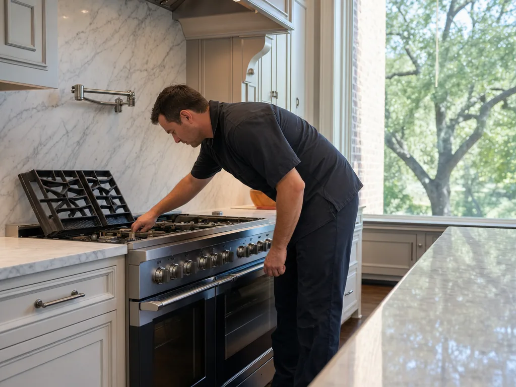 Technician servicing a Wolf built-in appliance in a Dallas home